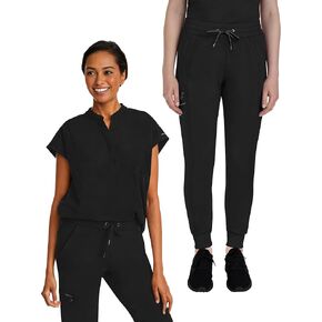Healing Hands Women's Scrub Set Journey Top 2152 Toby Jogger Pant with Elastic Waistband 9244 Medical Scrub with 9 Pockets, Black- L Top/L Pant