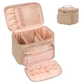 Bagmoly Large Makeup Bag, Portable Travel Makeup Bag Organizer for Women Girls with Makeup Brush Compartment & Two Side Pockets, Cosmetic Travel Bag Vertical Storage Toiletry Bag - Black