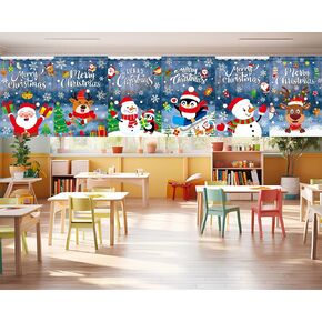 6 Pcs 36" x 24" Christmas Classroom Curtains Xmas Santa Elk Snowman Window Covers Classroom Supplies Christmas Tree Snowflake Reindeer Window Cover for Kids New Year Holiday Bedroom Decorations