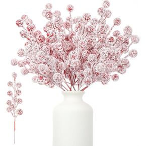 24 Pcs Artificial Berry Stems Christmas Snow Frosted Red Berry Spray Picks Xmas Winter Snowy Holly Berry Branches for Christmas Tree Wreath Garland Arrangement DIY Crafts Home Wedding Party Decor