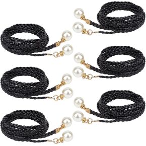 CRASPIRE 6Pcs Thin Braided Belt 3 Colors PU Leather Boho Knotted Waistband Rope 59in(150cm) Adjust Beaded Vintage Skinny Tie Trendy Decorative Woven Waist Cord for Lady Women Summer Skirt Dress