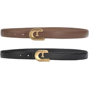 2 Pack Leather Thin Belts For Womens Skinny Waist Belt For Dresses Jeans Pants with Gold Alloy Buckle ﻿