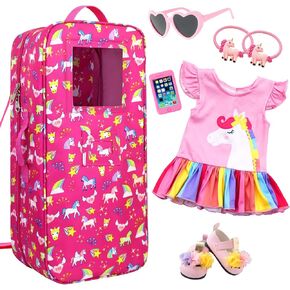 Ecore Fun 7 Items 18 Inch Dolls Bag and Accessories Unicorn Doll Carrier Storage Fit for 18 Inch Girl Dolls Including Doll Case, 18" Doll Clothes, Doll Shoes, Sunglasses, Phone and 2 Hairpin