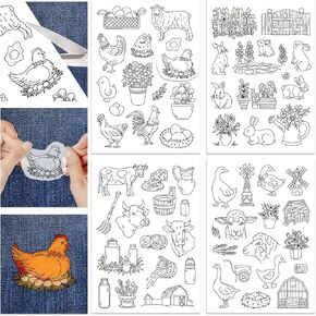 GLOBLELAND 4 Sheets Farmhouse Animals Water Soluble Hand Sewing Stabilizers for Fabric Embroidery Stitch Practice Eembroidery Patterns Transfers for Embroidery Beginners Lovers