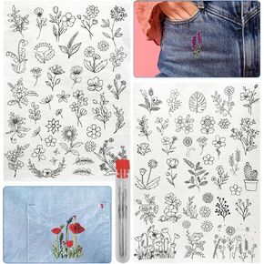 2 Sheets 76 Pcs Water Soluble Hand Sewing Stabilizers, Stick and Stitch Embroidery Paper with Wildflower Patterns + 18 Pcs Needles, for Hand Sewing Lovers and Hand Sewing Beginners
