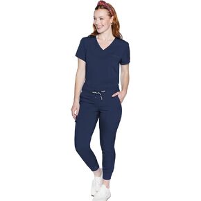 Med Couture Women's Scrub Set with V- Neck Scrub Top MC7448 and 2-Way Stretch Pants 7710, Navy - L Top/L Pant