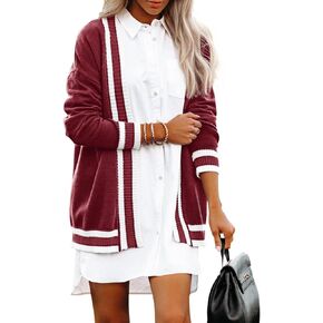 Striped Cardigan Sweaters for Women Knit Open Front Long Cardigan Colorblock Varsity Trendy Tennis Cardigan with Pockets
