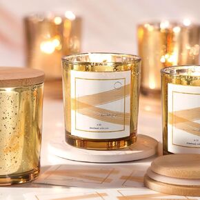 LAMORGIFT 15 Pack Glass Candle Jars with Lids (8oz, Gold) - Empty Candle Jars Containers - Mercury Glass Candle Jars for Making Candle - 20 Pcs Candle Labels Candle Making Accessories Included