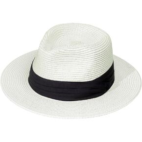 Womens Mens Wide Brim Straw Panama Hat Fedora Summer Beach Sun Hat Straw Hat Teardrop Crown with Ribbon Band