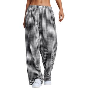 LOMON Women's Striped Gingham Boxer Pants Cotton Pajama Lounge Pj Casual Plaid Trousers Y2K Beach Bottoms with Pockets