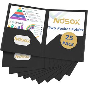 Ndsox 25 Pack Folders with Pockets Black Two Pocket Folders with Labels Fit Letter Size Paper Documents, Textured Paper 2 Pocket File Folder with Business Card Slots for School Office Home Business