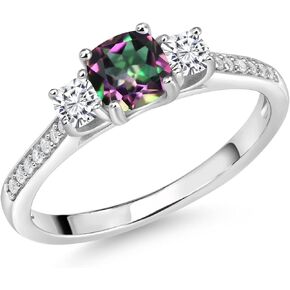 Gem Stone King 925 Sterling Silver Gemstone Birthstone and White Moissanite Ring | 5MM and 3MM Cushion | 3-Stone Wedding Engagement Anniversary Promise Ring For Women