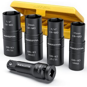 MIKKUPPA 5 PCS 1/2" Drive Impact Socket Set, Flip Socket Set, Cr-Mo Steel, Includes 3 Inch Bar Extension, Double Side Half Size Lug Nut Extractor Set