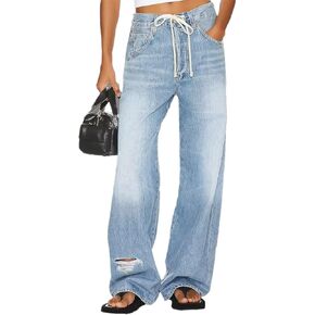 Flamingals Wide Leg Low Rise Casual Drawstring Cut Out Denim Jeans with Pockets