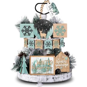 Yalikop 12 Pieces Winter Tiered Tray Decor Set Snowman Snowflake Table Wood Sign Christmas Farmhouse Tabletop Signs for Xmas Winter Home Table Holiday (Snowman Style)