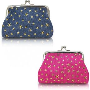 2PCS Coin Purse, Denim Fabric Coin Pouch Fashionable Change Purse with the Kiss Lock Design, Lightweight Coin Wallet for Change, Bank Cards, Keys, Lipstick (rose+dark blue)