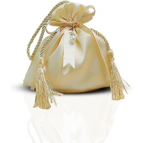 Premium Silk Gift Bag - Gift Pouch - With Drawstring Closure - Pendant and String Included - Wedding or party favors - Jewellery storage - Coin purses - Valentine Gift (Pack of 6, Champagne)