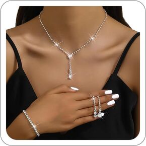 Silver Jewelry Set for Prom,Silver Necklace Earrings Bracelet Crystal Bridal Wedding Prom Dresses Costume Jewelry Accessories Rhinestone Bridal Jewelry Set for Women