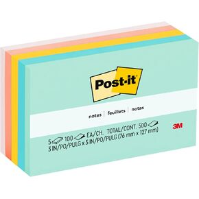 Post-it Notes Original Pads in Beachside Cafe Collection Colors, 3" x 5", 100 Sheets/Pad, 5 Pads/Pack