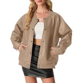 Lepunuo Women's Faux Leather Bomber Jacket Casual Loose Leather Moto Biker Coat Fall Fashion Winter Outfits