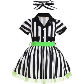 IMEKIS Toddler Girls Halloween Costume Black and White Striped Mesh Dress Belt Headband Set Kids 50s Cosplay Outfit