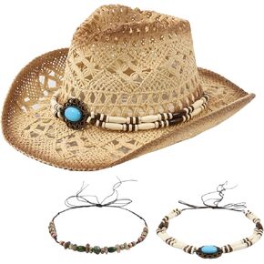 Cowboy Hat Cowgirl Hat Straw Cowboy Hat Cowboy Hats for Women and Men with Two Decorative Hat Bands Adjustable Size Beige