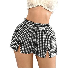 Women's Y2K Gingham Wide Leg Slit Track Shorts Elastic High Waist Bow Front Summer Baggy Shorts