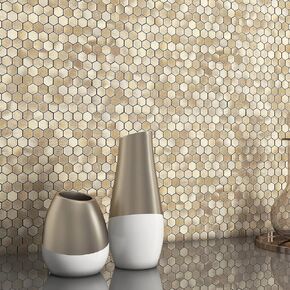 BeNice Peel and Stick Backsplash Kitchen Tiles,Stick on Backsplash Peel and Stick Mosaic Tiles Penny Hexagon Backsplash Small Tiles Metal Backsplash(5PCS,Gold Champagne)