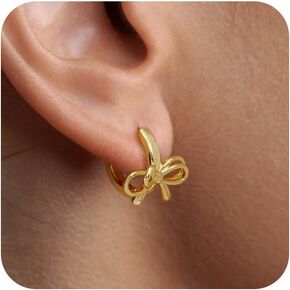 Gold Earrings for Women Trendy Bow Earrings 14K Gold Plated/Silver Hoops Simple Bow Twist Gold Huggie Hoop Earrings Dainty Cubic Zirconia Bow Hoop Earrings for Women Jewelry