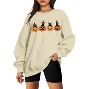 UNIQUEONE Halloween Sweatshirt Women Oversized Black Cat Pumpkin Sweatshirt Fall Pumpkin Face Pullover Tops