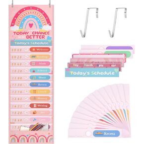 MoKo Daily Schedule Pocket Charts,13+1 Pockets 28 Double Sided Reusable Cards(13 Colored+15 Blanked) Boho Calendar Schedule Pocket Chart for Classroom,Preschool Kids Educational Chart(13" x 40")