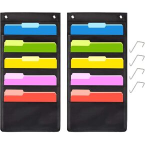 Hanging Wall File Folder Organizer Storage Pocket Chart with 5 Pocket for Assignments, Books, Files, Mails - 2 Pack (Black)