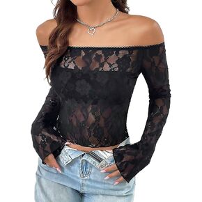 Avidlove Lace Mesh Crop Tops for Women Y2k Off Shoulder Tops Sexy Sheer Bell Long Sleeve Going Out Tops