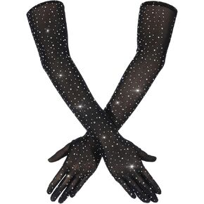 Lace Gloves Rhinestone Sheer Gloves Sparkly Fishnet Gloves Glitter Black Lace Gloves Long Mesh Arm Sleeve Elbow Length Tulle Gloves for Women Bridal Rave Halloween Evening Wedding Party 1920s