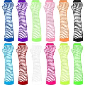12 Pairs Neon Fishnet Gloves Long Fingerless Fishnet Arm Sleeves for Cosplay Halloween Party Scene Clothes for Women and Girls 80s Party Costume Accessories Supplies (12 Colors)