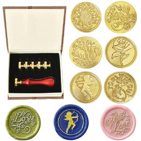 Wax Seal Stamp Gift Box Set, 6 Pieces Plant Series Sealing Wax Stamps Heads + 1 Wooden Hilt,Wax Stamp Kit for Christmas Party Invitations, Cards and Gift Packaging (Plant Series Sealing)