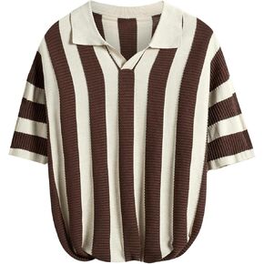 Men's Striped Collared Short Sleeve Knitted Sweater Drop Shoulder Color Block Pullover Tops
