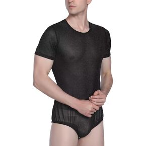 Mens Shiny Mesh Onesie Snap Crotch Romper Short Sleeve Bodysuit