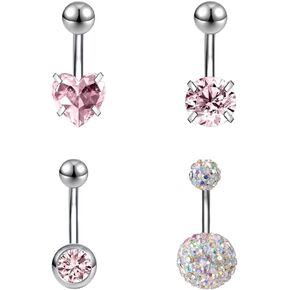 ZS 4Pcs Long Bar Belly Button Ring, Stainless Steel Belly Ring Navel Ring with Top Ball, 14G Cubic Zircon Navel Barbell Stud Navel Piercing Jewelry for Women Men