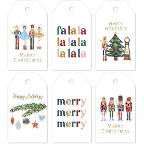 Whaline 90Pcs Nutcracker Paper Gift Tags Merry Christmas Watercolor Nutcracker Hanging Labels with Hemp Rope for Xmas Holiday Present DIY Crafts, 6 Designs