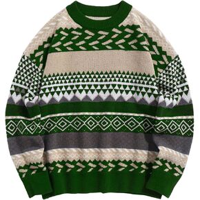 Flygo Sweaters for Men Crewneck Vintage Oversized Cable Knit Pullover Sweater Graphic Striped Aztec Long Sleeve Unisex Jumper
