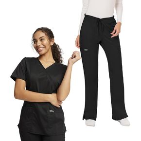 Cherokee Scrub Set for Women Modern Classic Fit Mock Wrap Top WW610 with Mid Rise Moderate Flare Drawstring Pant-WW120, Black- XL Top/XL Pant