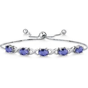 Gem Stone King 3.25 Cttw Blue Iolite Tennis Bracelet For Women | 925 Sterling Silver | Oval Checkerboard 7X5MM | Gemstone Birthstone | Adjustable Bolo Bracelet For Women | Easy-On Easy-Off