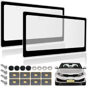 BGGTMO Clear License Plate Covers- Black Car Tag Frame, Unbreakable Number Plate Protector with Screws Caps and Rattle Proof Pads, 2 Pack for Front Rear