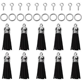 Mini Skater Keychain Tassels for Jewelry Making 10Pcs Silver Cap Suede Faux Leather Tassel Keychain Charms with 10Pcs Jump Rings and 10Pcs Screw Eye Pins (Black)