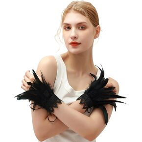 Halloween Party Adjustable Black Lace Feather Cuffs with Ties Costume Accessory for Carnival Celebration