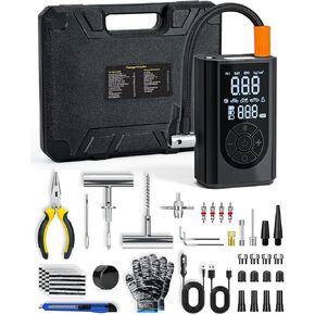 Tire Repair Kit with Portable Air Compressor, Tire Plug Kit 58PCS with Cordless Tire Inflator (150 PSI) for Car, Motorcycle, Tractor, Truck, Ball