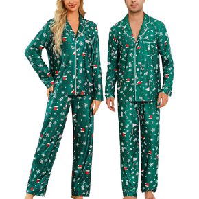ENJOYNIGHT Couples Christmas Pajamas Sets Long Sleeve Pjs Set 2-Piece Sleepwear Button-Down Loungewear Comfy Nightwear