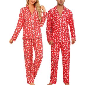 ENJOYNIGHT Couples Christmas Pajamas Sets Long Sleeve Pjs Set 2-Piece Sleepwear Button-Down Loungewear Comfy Nightwear