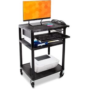 Line Leader Plastic AV Cart with Keyboard Tray, Mobile Workstation with Storage For Offices and Schools, Rolling with 4 Casters, 2 Locking Brakes, Heavy Duty, Holds up to 100 lbs (Black, 24 x 18 x 34)